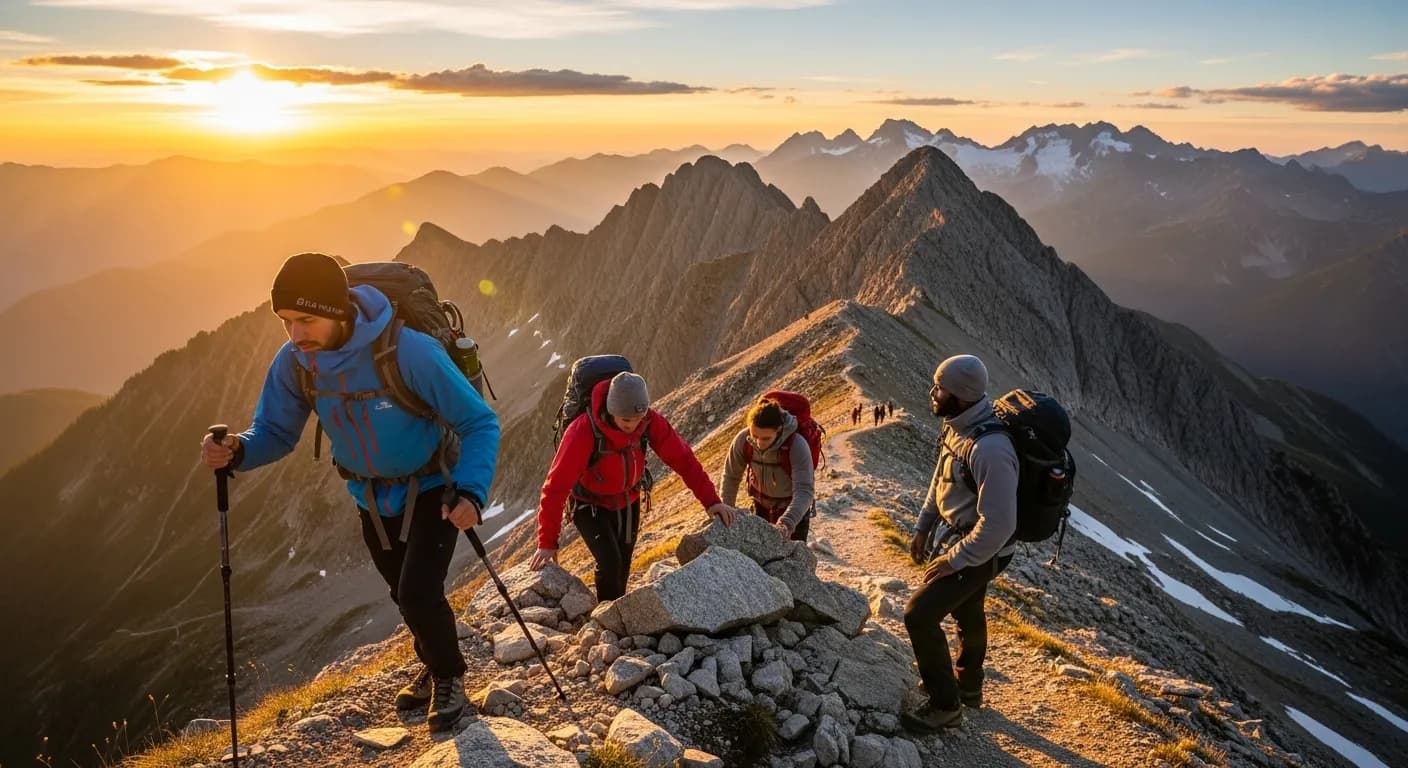 Epic outdoor adventure scene with multiple people hiking/climbing together, diverse group, dramatic mountain landscape