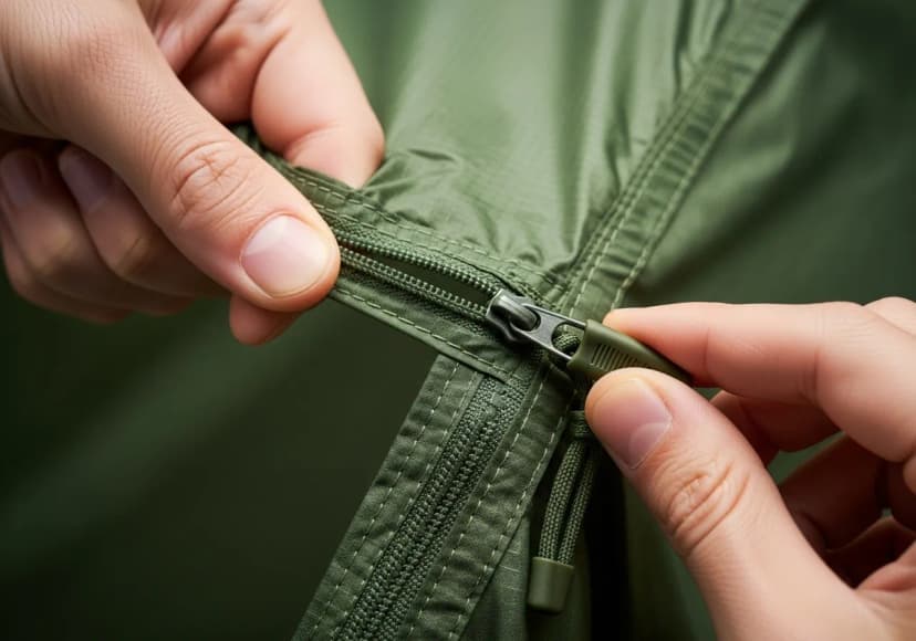 Close-up of hands testing outdoor gear quality, inspecting tent fabric, checking zipper durability