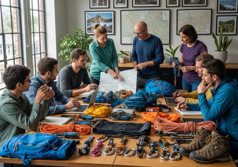 Team of outdoor experts reviewing gear selection, collaborative meeting with gear spread out on table