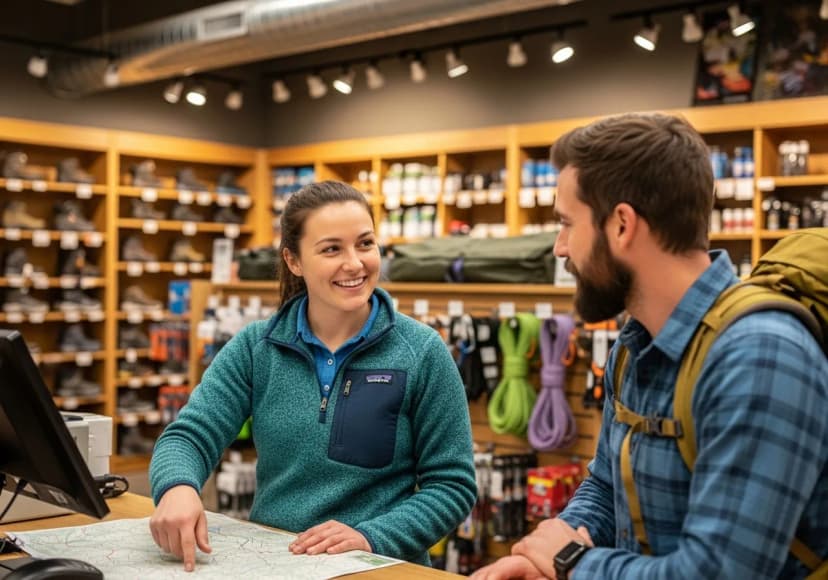 Customer service representative helping outdoor enthusiast choose gear, friendly interaction, gear consultation