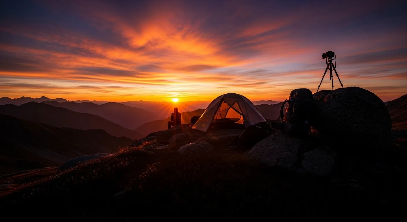 Dramatic mountain landscape with outdoor gear