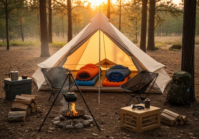 Cozy campsite setup with modern tent, sleeping bags, and camping equipment arranged beautifully