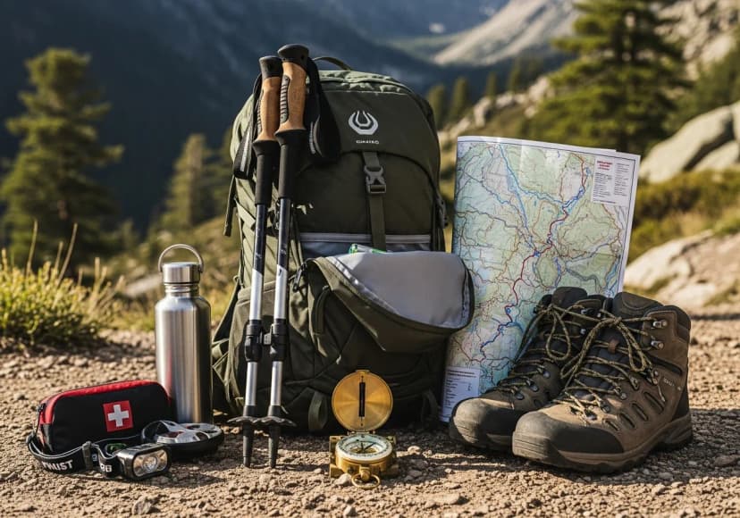 Hiking gear collection with backpack, trekking poles, compass, and map